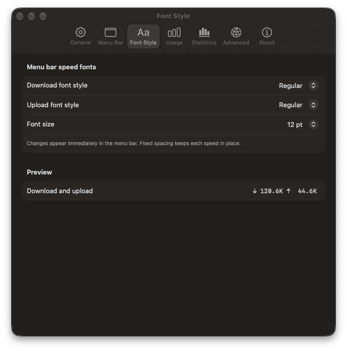 NetMeter Font Style settings with separate download and upload fonts and a live preview