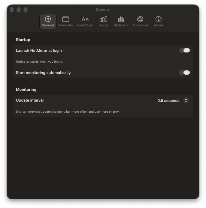 NetMeter General settings with Launch at Login and update interval controls