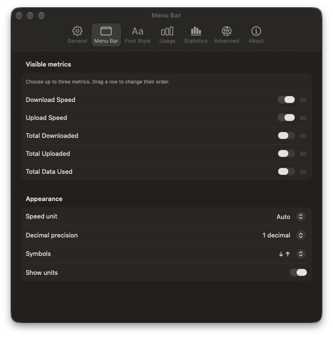 NetMeter Menu Bar settings showing download speed, upload speed, total data metrics, units, and precision