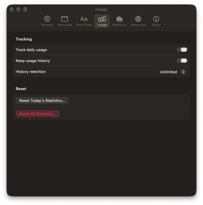 NetMeter Usage settings with daily tracking and history retention controls